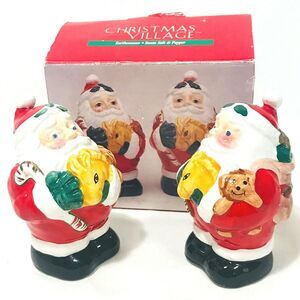 Vintage Santa Salt Pepper Shakers Christmas Village Earthenware Pottery Dog +Box